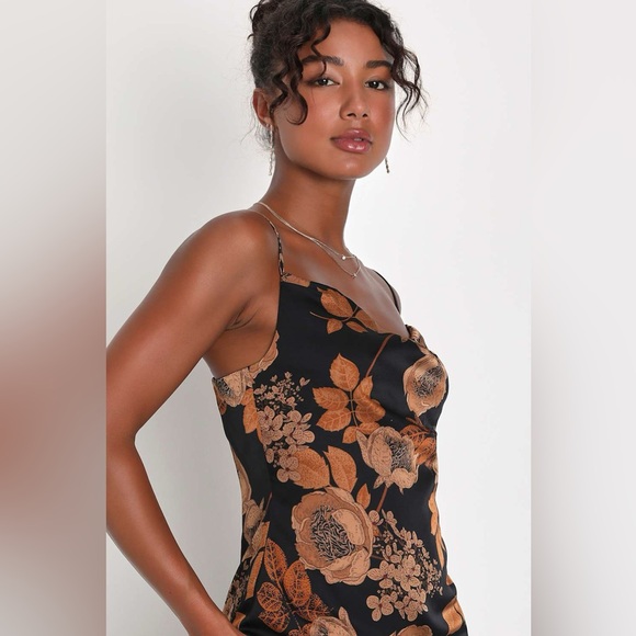 LULU’S FAVORITE ICON FLORAL SATIN COWL NECK SLIP MIDI DRESS - Picture 4 of 13
